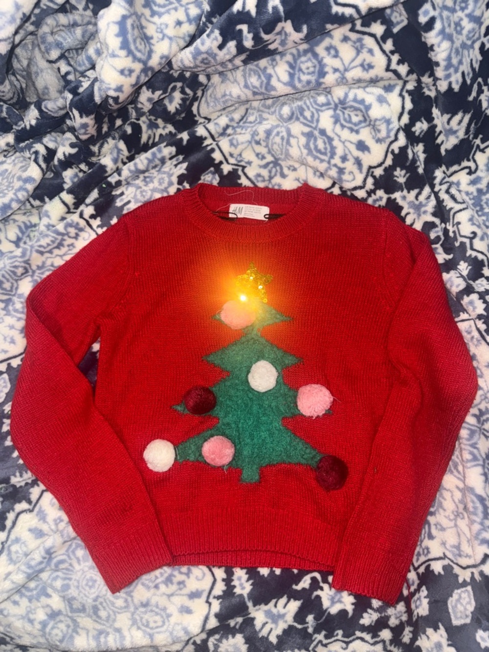 H&M Red Crewneck Sweater with Green Christmas Tree Appliqué